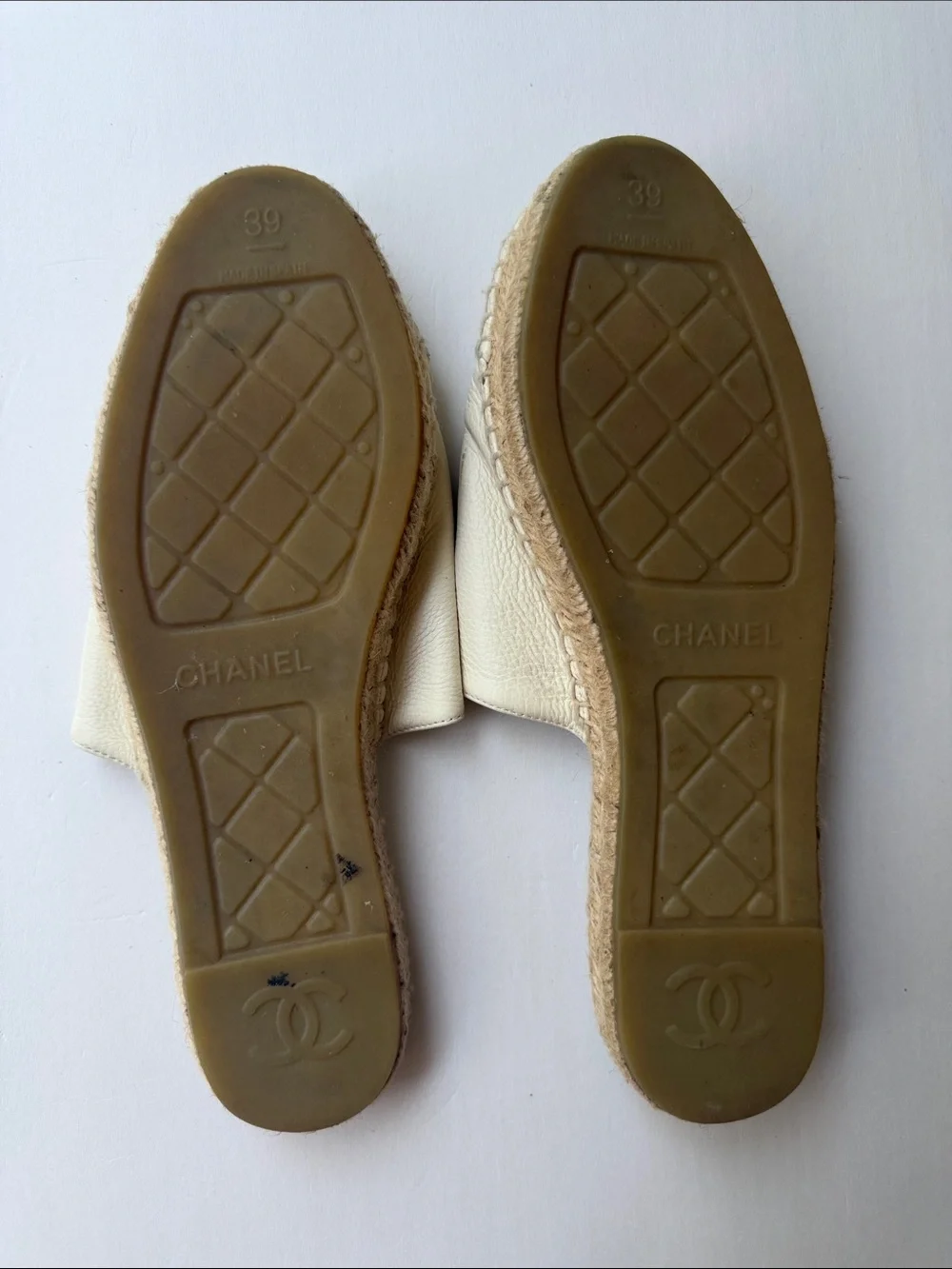CHANEL White Leather Espadrille Mule Slides
